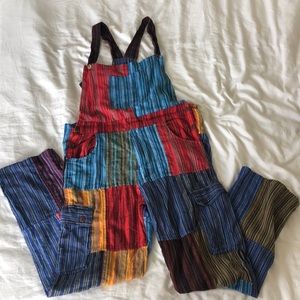 Colorful rainbow striped patchwork overalls. XS / S